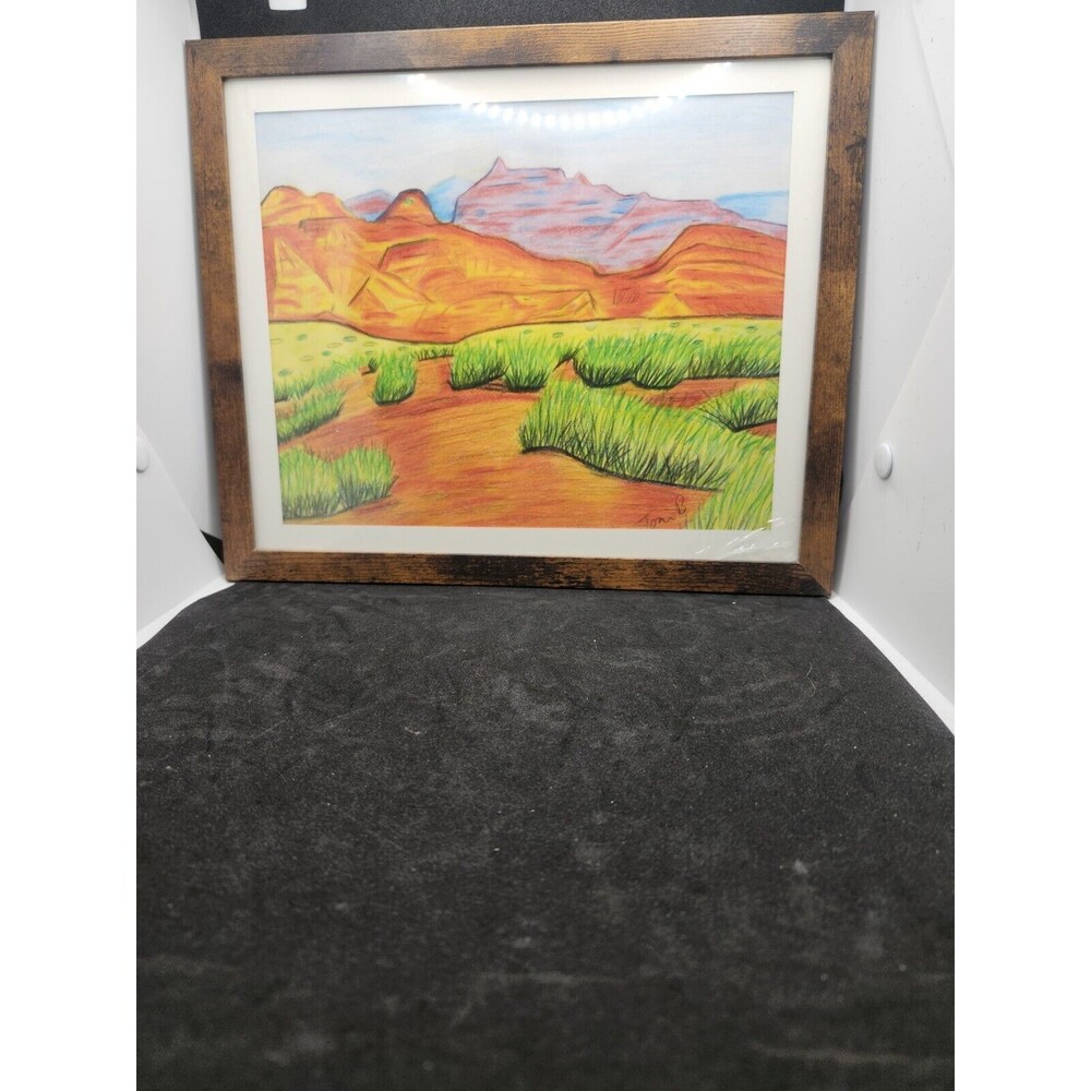 Hand Crafted Dessert Mountain Landscape Colored Pencil Drawing Framed 9x11" - Picture 8 of 16